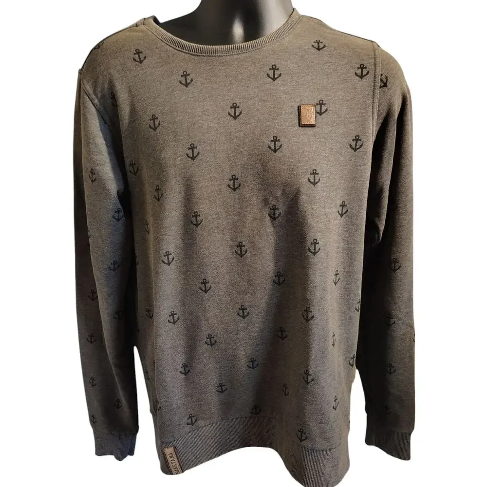 Naketano Anchor Print Sweatshirt Mens M Brown Crewneck Pullover Streetwear